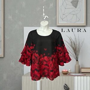 NEW, Laura, Black & Red Floral Print Blouse with Ruffle 3/4 Sleeves, Size XL